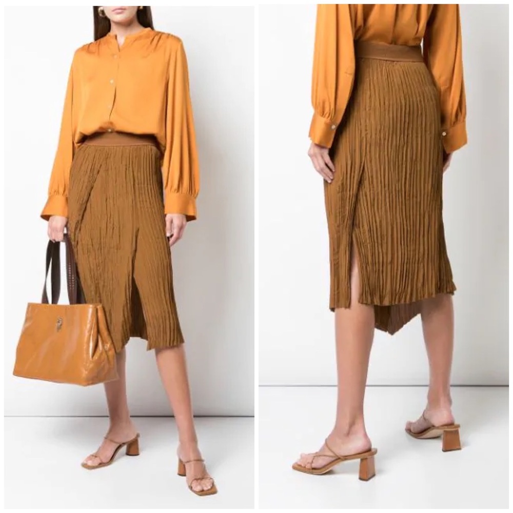 Vince High Rise Crinkle Pleated MIDI Skirt Teakwood MSRP $345.00 women’s large